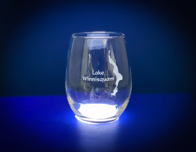 Make My Lake 15 oz Stemless Wine glass Laser Engraved Mock ups sent withing 48 Hours Any Lake or Pond in the lower 48 States image 7