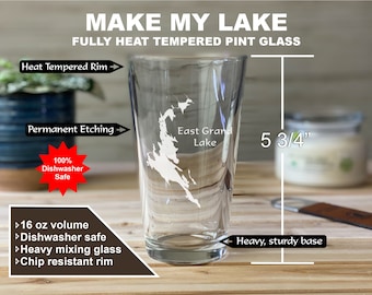 Make My Lake Pint glass - Laser Engraved  - Mock ups sent withing 48 Hours - Any Lake or Pond in the lower 48 States!