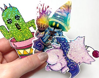 Final Fantasy Inspired Holographic Stickers / Retro Video Game / Black Mage / Cactuar / Moogle / Booty / Geeky Fan Art / Waterproof Decals