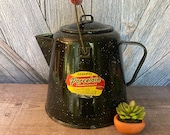 Vintage Enamel Coffee Pot Pitcher Tea Pot Tea Kettle Enamelware Kitchen Decor Rustic Farmhouse Style Garden Planter Distressed Flower Vase