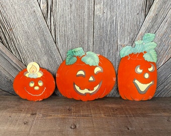 3 Vintage Halloween Die Cuts Pumpkin Paper Decorations PaperCardboard Die Cut Beistle Jack-O-Lantern JOL Party Decoration Wall Hanging