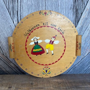 Vintage Wooden Norwegian Plate Rosemaled {Velkommen Til Dart Hjem} Painted Floral Wall Hanging Wood Plate Serving Tray Ellathesella
