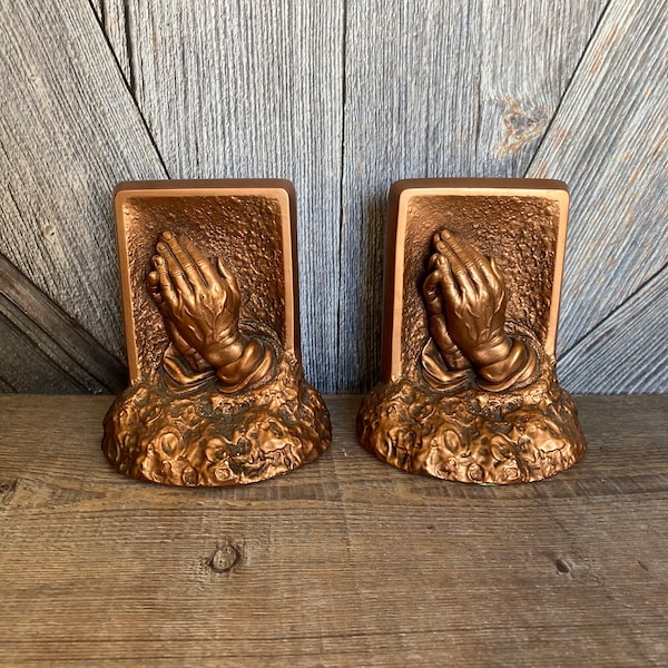 2 Praying Hands Book Ends Vintage {Religious Book End Prayer Book Shelf Ends Pair Office Decor Matching Set Baptism Confirmation Gift