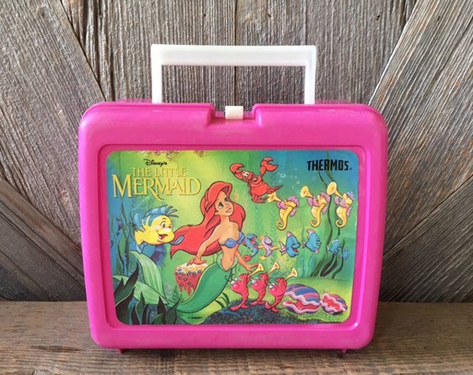 The Little Mermaid Lunch Box vintage Walt Disney Pink Plastic Lunch Box Ariel and Flounder