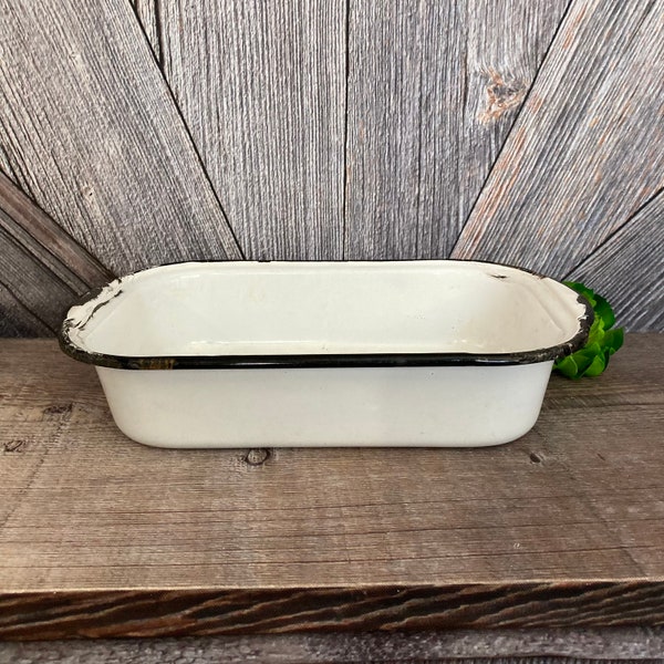 Vintage Enamel Bin Pan Fruit Crisper Drawer Enamelware Rectangular White Office Storage Container Veggies Produce EllatheSella