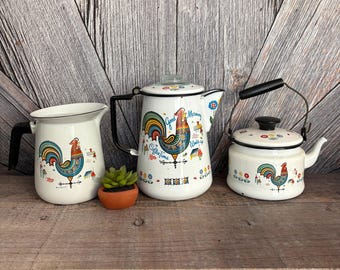 Cafetera Berggren vintage con diseño de gallina, jarra de veleta de esmalte sueco escandinavo con gallo, tetera, hervidor de agua, decoración de esmalte, elige 1