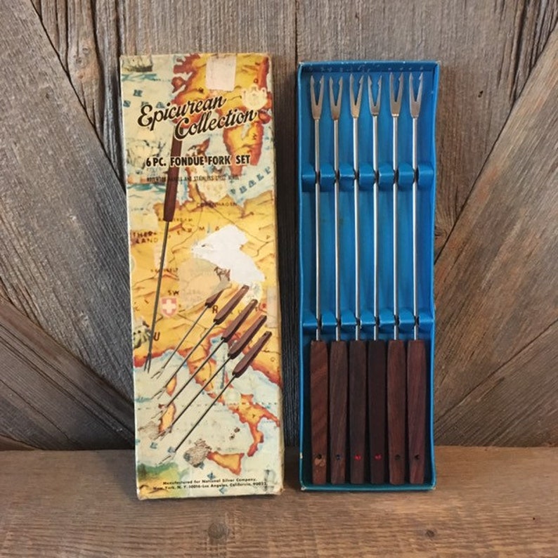 Wood Handles set 6 Fondue Forks {Six Vintage Fondue Forks} Colored Ends 70s Melted Cheese Melted Chocolate Skewer Sticks Stainless Steel