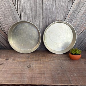 May include: Two round, silver-colored baking pans with a slightly worn appearance. The pans are placed side-by-side on a wooden surface, with a small potted succulent plant in an orange pot to the right. The background is a wooden wall.