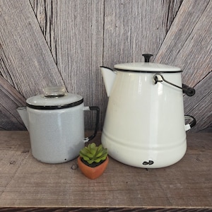 May include: A light gray speckled enamel coffee pot with a clear glass knob on the lid and a black handle, positioned next to a larger white enamel coffee pot with a black lid, black handle, and black metal bail handle, plus a small succulent.