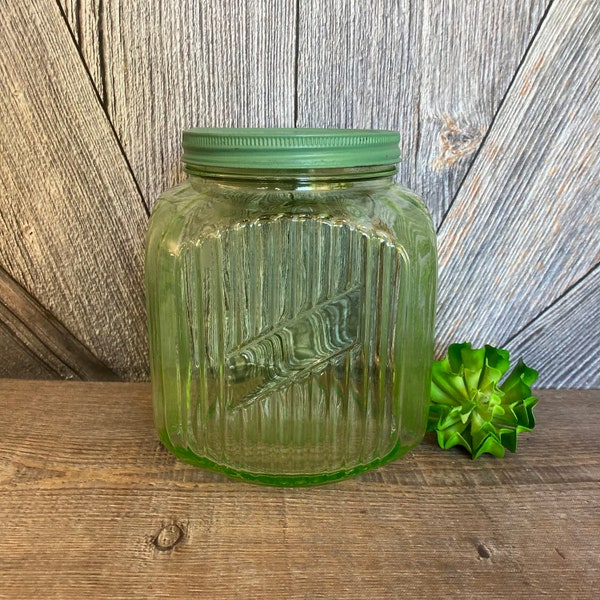 Vintage Cookies Jar Green Jadeite Storage Container Depression Glass Canister Hocking Ribbed Transparent 8 inch Jar with Lid Square Cookie