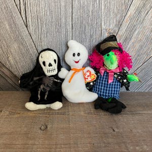 3 Halloween Beanie Babies Decoration Plush Toys {Vintage Ghost Spooky, Witch Scary, Creepers} Ty Beany Baby 90s Toys Halloween Decoration