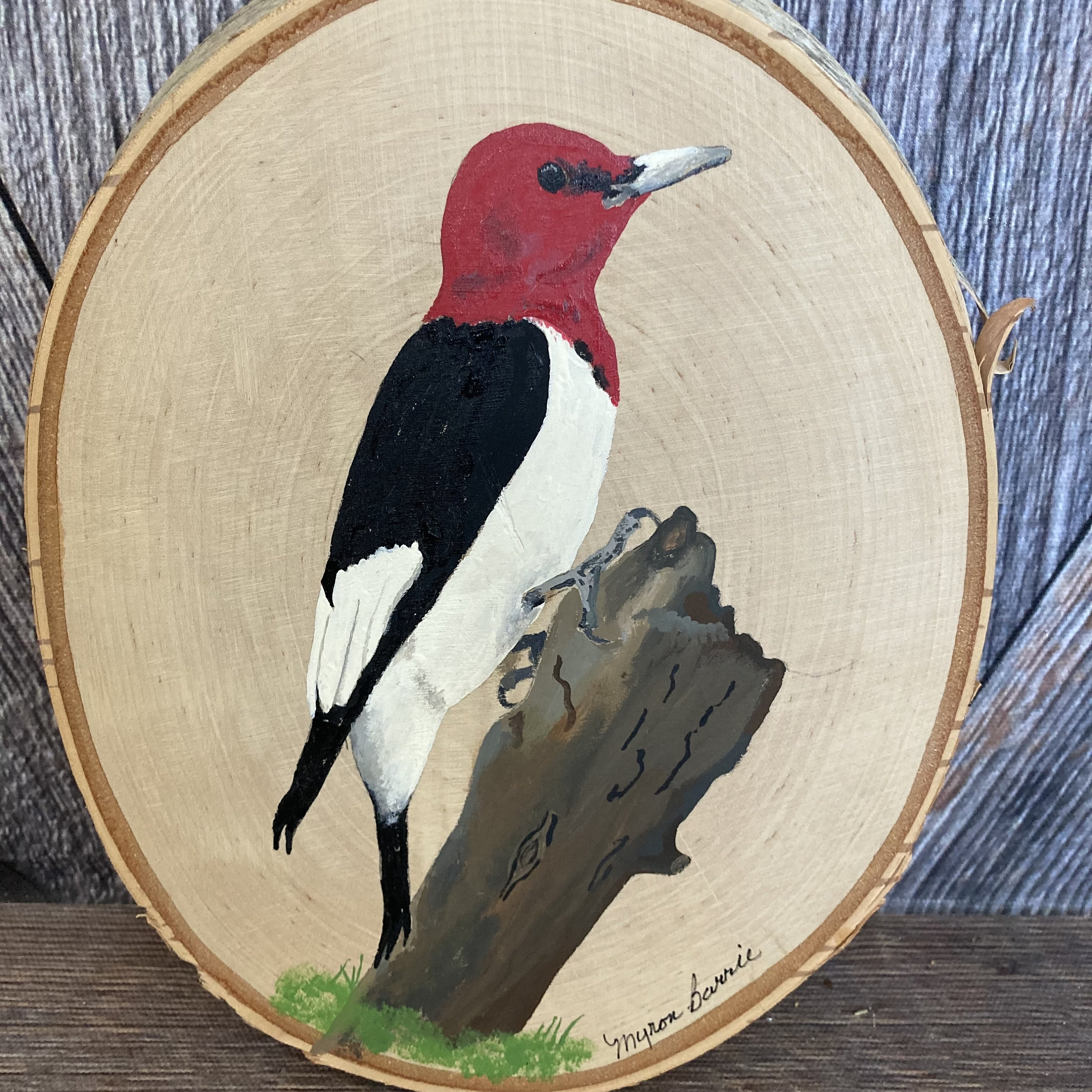 Vintage Red Headed Woodpecker Painting on Wood Disc Wooden Cut