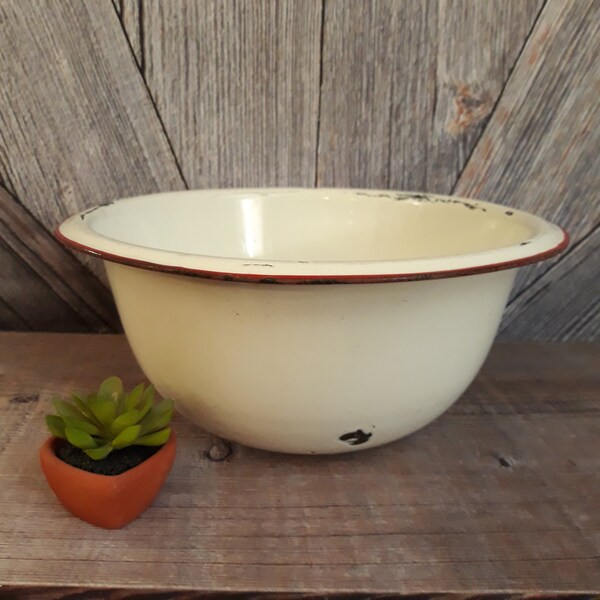 Vintage Enamel Small 11.5 x 5 inch Bowl {Enamelware Basin Indoor Garden} Herb Succulent Plants. Vintage Distressed Planter Garden Kitchen