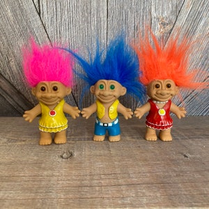 Vintage Troll Dolls {3 Trolls with Molded Clothing Permanent Clothes Made in China 4 inch Troll} Vintage Troll Doll Lot Troll Dolls Set