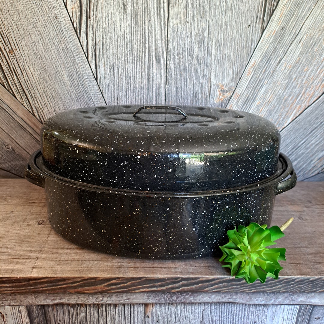 Vintage Enamel Roaster Roasting Pan Rooster Roaster Chicken Roaster
