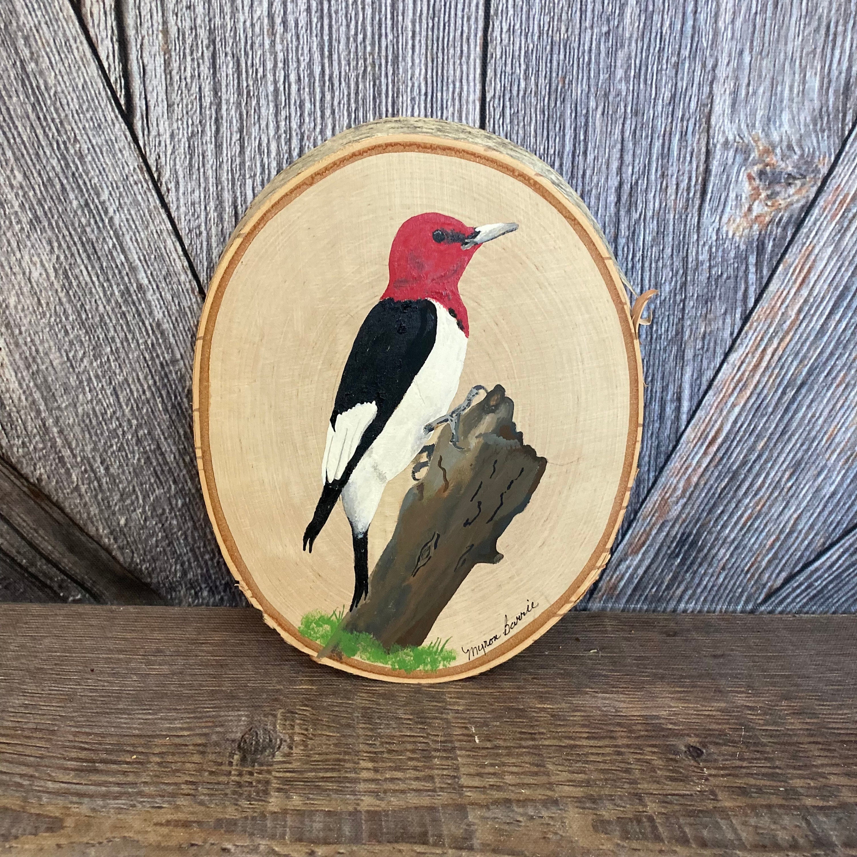 Vintage Red Headed Woodpecker Painting on Wood Disc Wooden Cut