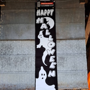 Vintage Halloween Banner on Original Card, K-Mart 1998 Flocked &quot;Happy Halloween&quot; Banner, Vinyl with Velvet Feel/Flocking, Ghosts, Hanging