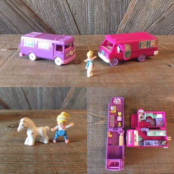 2 Vintage Polly Pocket Set {Stable on the Go Home on the Go Horse Trailer Van Compact Polly Pocket} Bluebird 1994 Motorhome RV 90s Toy