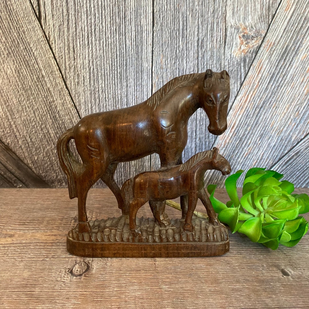 Vintage Wooden Horses Hand Carved Wood Horse and Baby Equestrian Art
