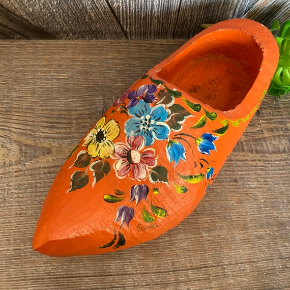 Vintage Wooden Shoe Wall Hanging {Orange Painted … - image 1