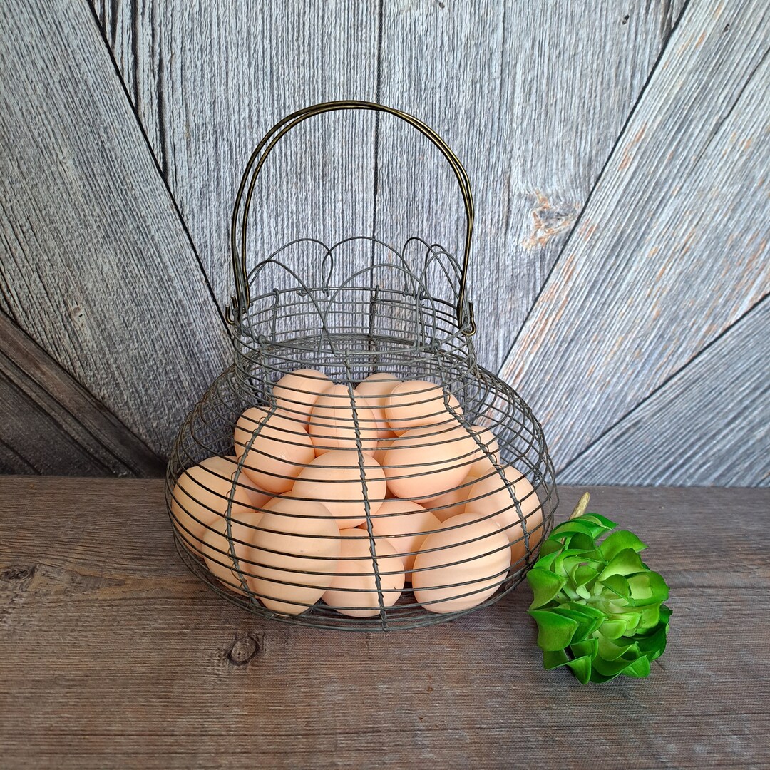 Vintage Wire Egg Gathering Basket With Plastic Eggs, Primitive French
