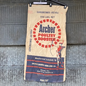 Vintage Archer Poultry Booster ADM Cotton Muslin Sack 1960s advertising sack Double sided Printing MPLS Mn Kansas City Mo Springfield Ill