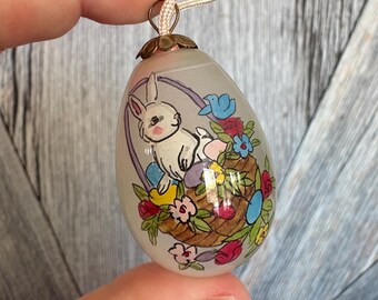 Decoración de huevo de Pascua de cristal vintage, pintura de conejo de Pascua pintada a mano al revés, miniatura, adornos para árbol de Pascua, LEA POR FAVOR