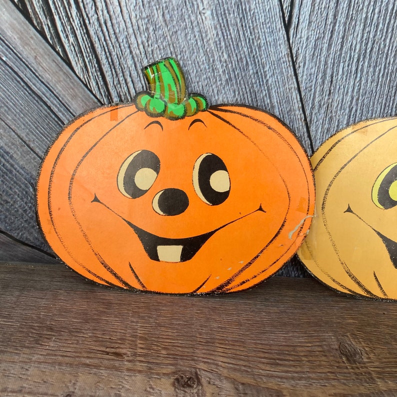3 Vintage Halloween Die Cuts Pumpkin Paper Decorations PaperCardboard Die Cut Beistle Jack-O-Lantern JOL Party Decoration Wall Hanging