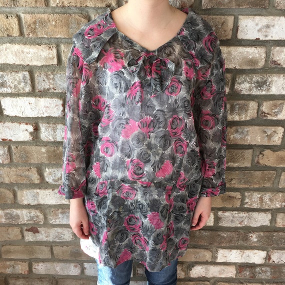 2 Slits Vintage 100/% Silk XS Long Floral Tunic