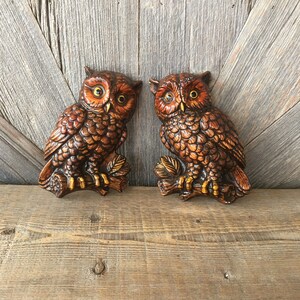 2 Chalkware Owls Wall Hanging Sculpture Figurine Statue Gift for Friend MCM Midcentury Kitschy Decor Heavy Farmhouse Brown Decoration