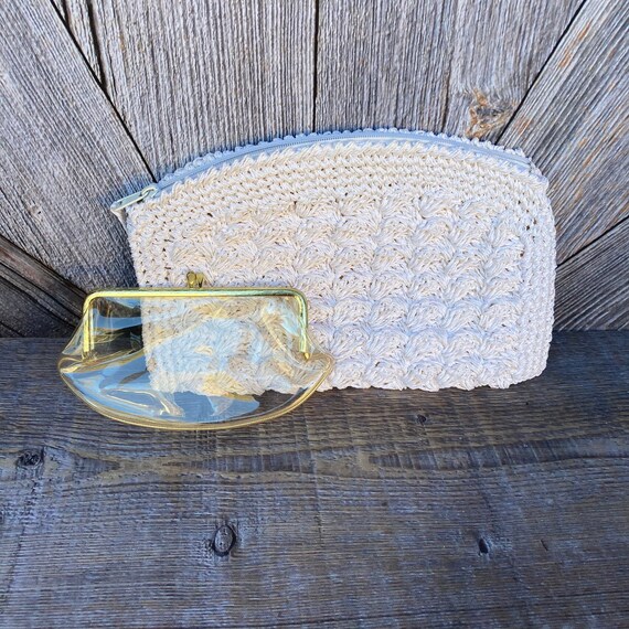 Vintage White Clutch Crocheted Macrame Purse {White Boho Mini Small Purse}Vintage Trendy Small with Clear Coin Purse