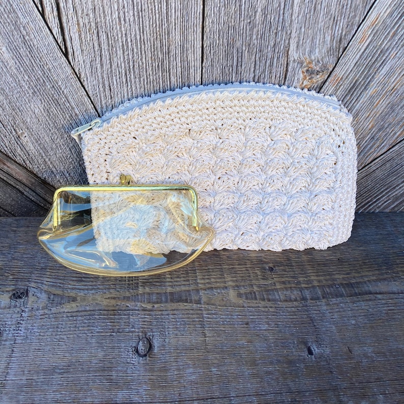 Vintage White Clutch Crocheted Macrame Purse {White Boho Mini Small Purse}Vintage Trendy Small with Clear Coin Purse