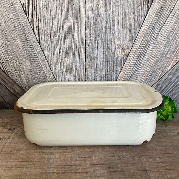 Vintage Refrigerator Enamel Box Drawer w/ Lid Vegetables Crisper Drawer Enamelware Rectangular Pan Storage Container Produce Indoor Garden