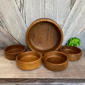 Vintage Teak Wood Salad Bowl Set 5 Bowls Salad Set Genuine Thailand Teak Bowl Set Wedding Gift Retro Midcentury Modern