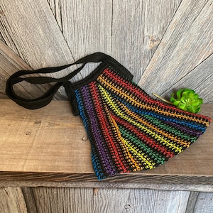 Vintage Rainbow Crocheted Macrame Purse {Multicolor Boho Shoulder Bag Purse} Vintage Reusable Sack Rainbow Bag