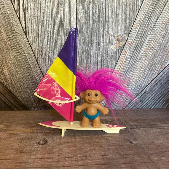 Vintage Surfer Troll Doll surf Board Swimmer Troll With Pink Hair