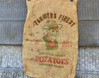 Vintage Farmers Finest Red River Valley Potatoes burlap sack display sack MN advertising Minnesota advertising ND Advertising North Dakota