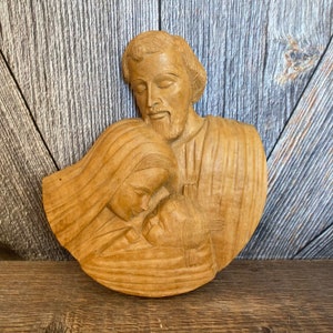 Mary and Jesus Wooden Carving, Nativity Christmas, Madonna Virgin Mary Jesus Christ, Religious Vintage Handmade Carved Wood Art Gift idea