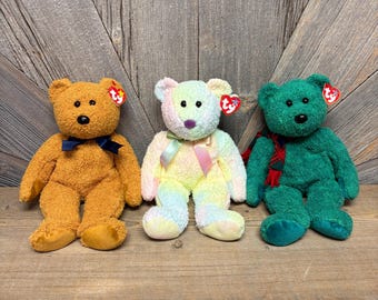 Vintage Bear Beanie Buddy Large Ty Beanie Baby Decoration 90s Toys Big 11 inch Fuzz, Groovy, Wallace Teddy Bears