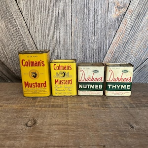 Vintage Spice Tins Durkee&#39;s, Coleman&#39;s Mustard Spices Shakers Store display, Metal Tins, DIY Grocery Store Kitchen Decor, Prop, Thyme Nutmeg