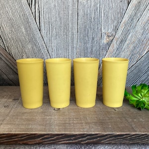 4 Vintage Tupperware Tumblers Cups Glasses Plastic Tupper Ware Storage Container 873 Large Stacking Yellow 70s Wedding Gift Kitchen