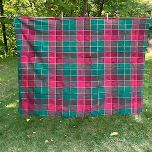Vintage Christmas Tablecloth {Avon Fashions Large 99% Cotton} 98 x 54 Vintage Holiday Red and Green Plaid Winter Plaid with Holly Leaves