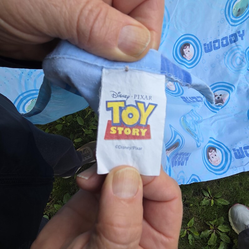 May include: A light blue fabric with a pattern featuring Woody and Buzz Lightyear from Toy Story. The tag shows the Disney Pixar Toy Story logo in yellow, red, and white.