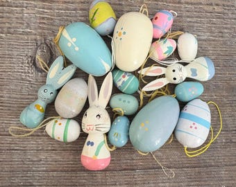 17 adornos vintage de madera para Pascua, conejito y huevos de Pascua en miniatura de colores pastel, adornos para el árbol de Pascua, Ellathesella