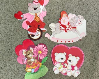 Vintage Valentines Day Die Cut Decorations Paper Cardboard Lot {Cupid Animal Heart Ephemera Party Centerpiece Decor Large Card LOT of 4 CUTE