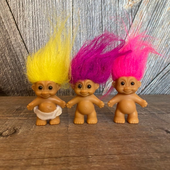 Vintage Troll Dolls {3 Russ Berrie Baby Trolls Miniature {2 inch Troll}  Vintage Troll Doll Lot DIY Crafting Mini Small Troll Dolls Set