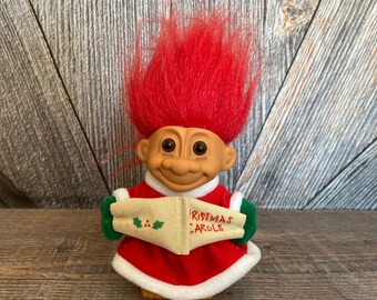 Vintage Christmas Caroler Troll Doll 5" Decoration {Winter Christmas Carols Troll} Russ Berrie Holiday Decor Red Hair, Mittens, Ellathesella