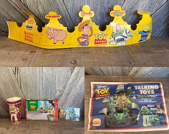 Vintage Toy Story Burger King Toys, Fast Food Collectibles, Toy Story Burger King Crown, Cup, Tray Paper, 1996 Disney Collection