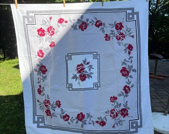 Vintage Red Floral Tablecloth Square 50 x 47 inch, Vintage Roses Floral Flowers, Wedding Candy Table Cloth Card Table, Ellathesella
