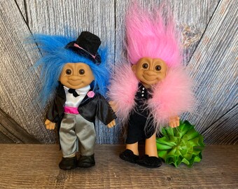 Vintage Troll Doll Couple {Russ Berrie Troll Set} Troll in LBD Black Dress {TALL 6.5 inch Troll} Vintage Troll Doll 90s Bride and Groom